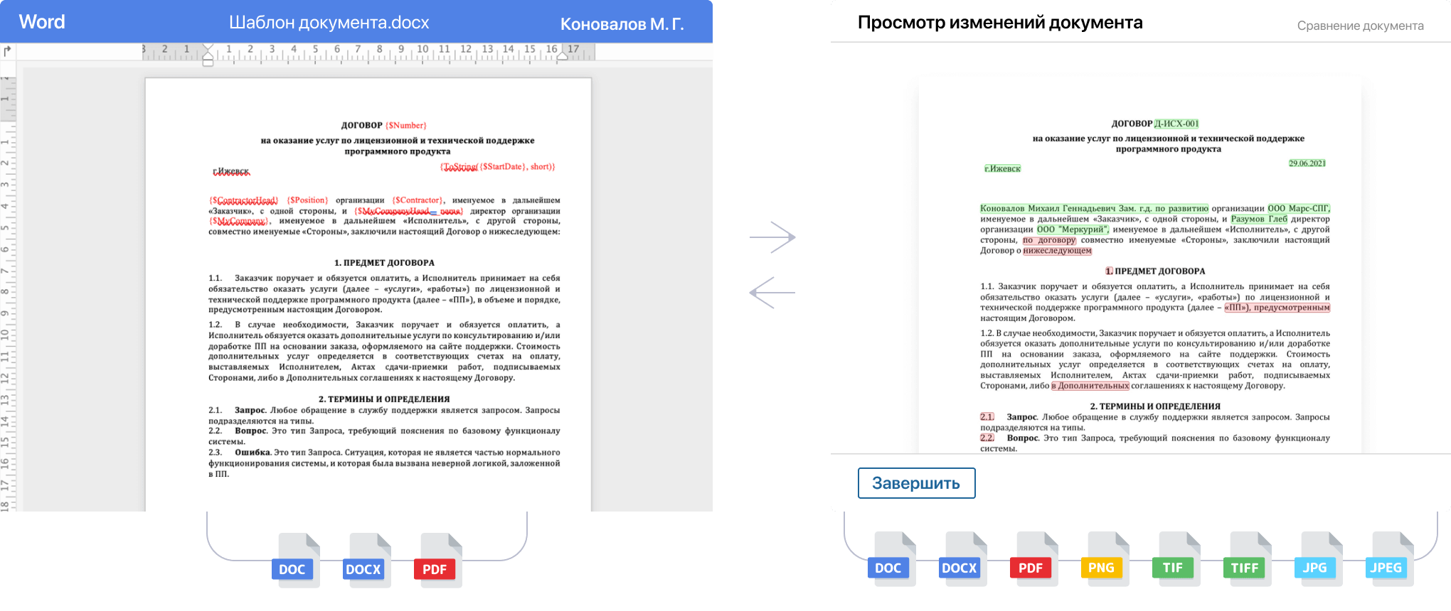 ELMA AI сравнивает две версии документа — исходящую и полученную от контрагента — и подсвечивает изменения.